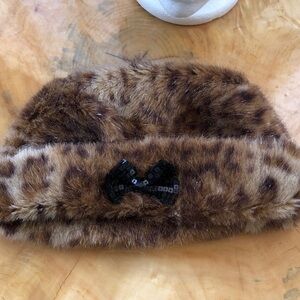 Faux Fur Leopard Print & Metallic thread sequins bowtie hat